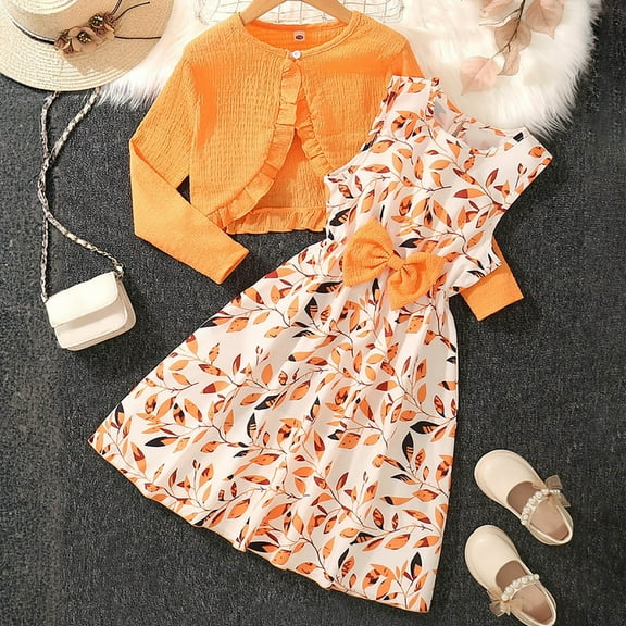 Tfken Outfits Sets For Child Girls Crew Neck Long Sleeve Floral Print Coat Dress Daily Wear Fall Clothing Set Orange Size 6-7 Years