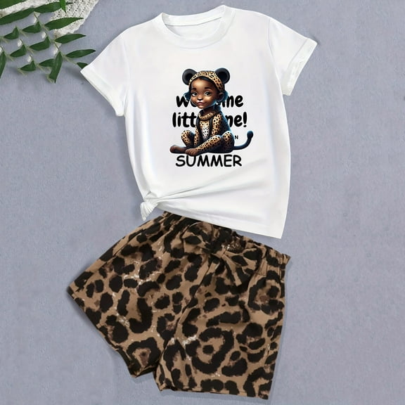 Tfken Outfits Sets For Child Girls Crew Neck Short Sleeve Leopard Print T-Shirts Shorts Cute Cute Outfit Set White Size 9-10 Years