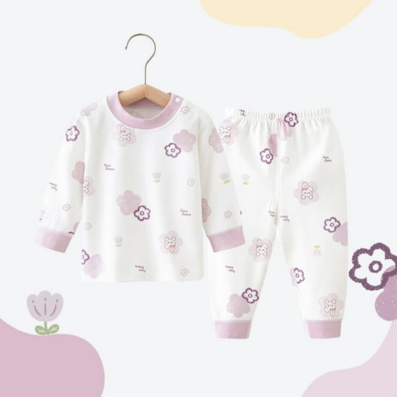 Tfken Outfits Sets For Child Girls Fall Long Sleeve Top Pant Comfortable Cartoon Print Crew Neck Light Purple Outfit Set Size 0-3 Months