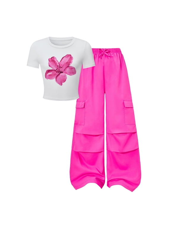Outfits Sets For Child Girls Flower Print Daily Wear T-Shirt Pant Casual Long Sleeve Pink Outfit Set Size 7-8 Years