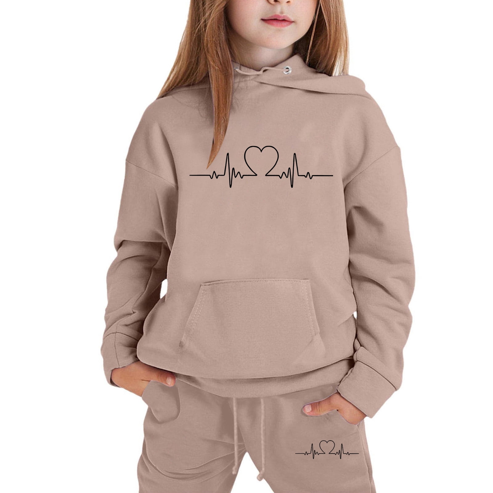 Tfken Outfits Sets For Child Girls Heart Print Long Sleeve Hoodies Pants Soft Thickening Khaki ...