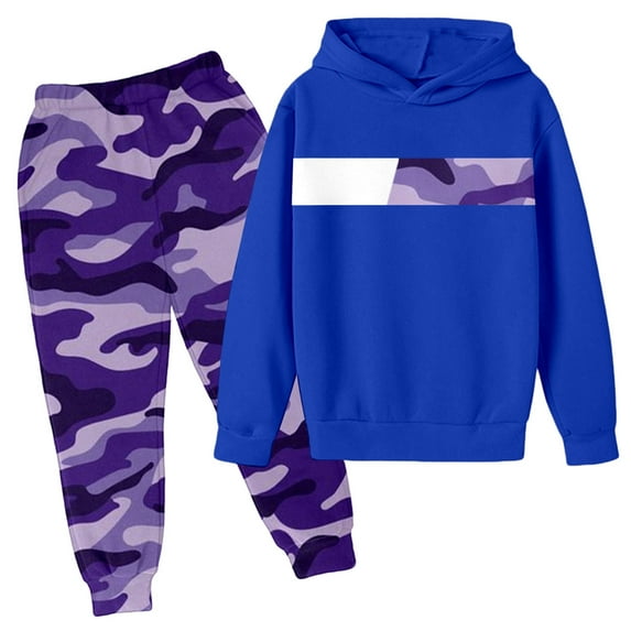 Tfken Outfits Sets For Child Girls Hooded Long Sleeve Athleisure Sweatshirt Pant Camouflage Print Daily Wear Outfit Set Blue Size 5-6 Years