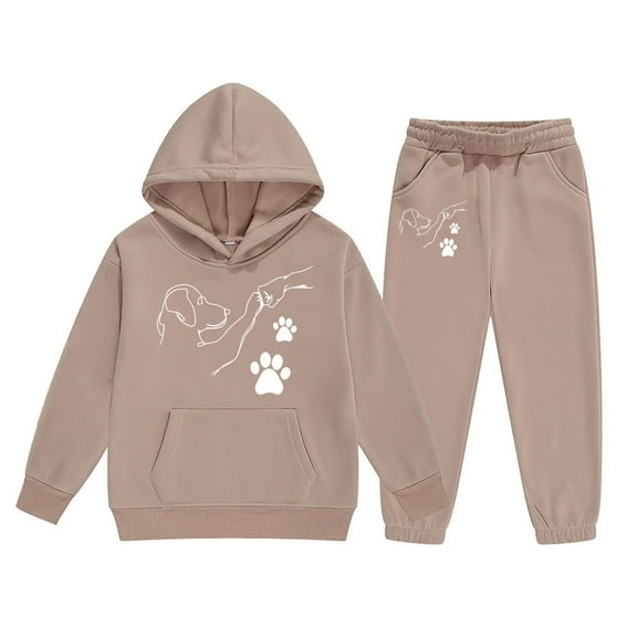 Tfken Outfits Sets For Child Girls Hooded Long Sleeve Dog Print Sweatshirt Pant Athleisure Stretch Clothing Set Khaki Size 8-9 Years