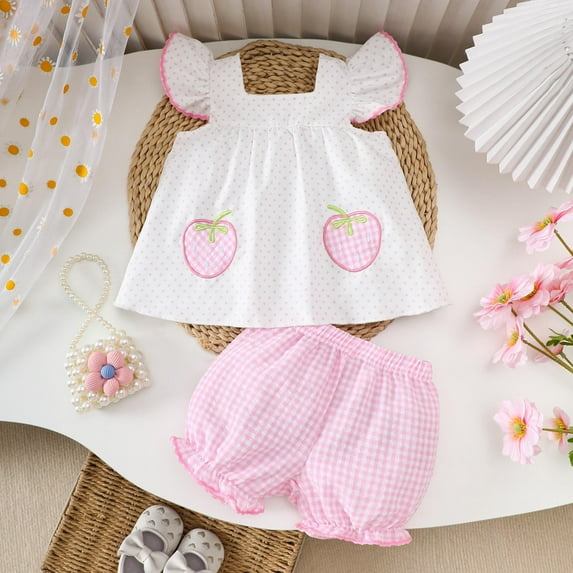 Tfken Outfits Sets For Child Girls Polka Dot Print Square Neck Cool 2025 Tank Shorts Flutter Sleeve Red Outfit Set Size 2-3 Years