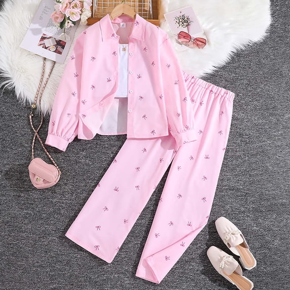 Tfken Outfits Sets For Child Girls Size 11-12 Years Long Sleeve Bow Print Shirt Pant Fashion Cute Light Pink Clothing Set