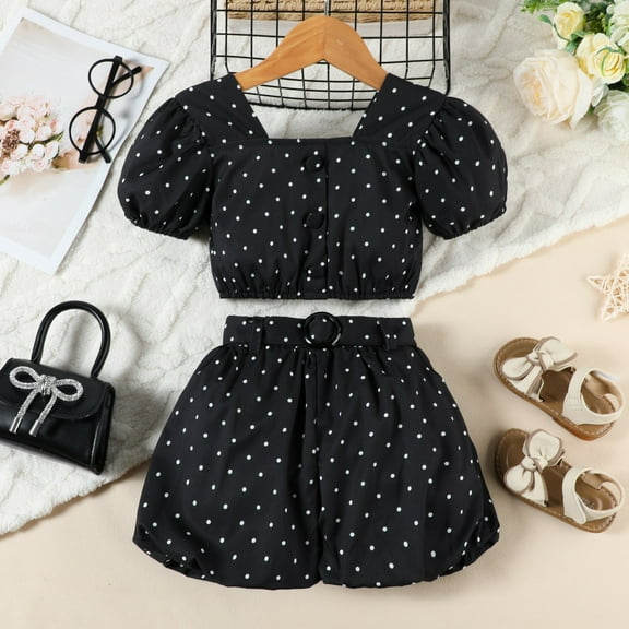 Tfken Outfits Sets For Child Girls Size 4-5 Years Polka Dot Print Square Neck Tee Shirts Breathable Short Sleeve Comfortable Black Outfit Set