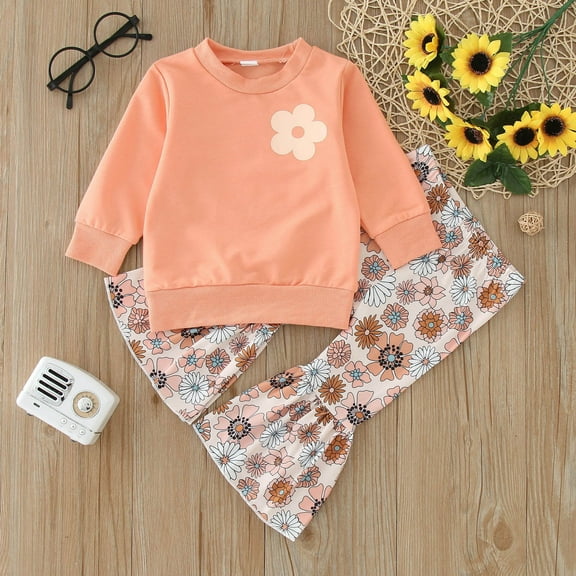 Tfken Outfits Sets For Child Girls Size 6-12 Months Flower Print Ankle-Length Sweatshirt Flare Pant Casual Daily Wear Clothing Set Orange