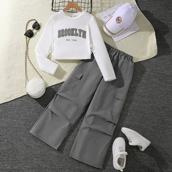 Tfken Outfits Sets For Child Girls Size 8-9 Years Letter Print Ankle-Length Shirts Cargo Summer Fashion Clothing Set Grey