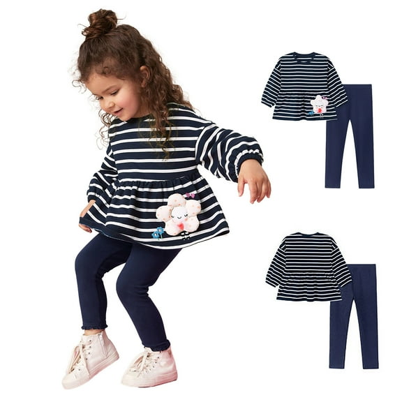 Tfken Outfits Sets For Child Girls Striped Print Dress And Pant Outdoor Long Sleeve Crew Neck Relaxed Outfit Set Black Size 3-4 Years