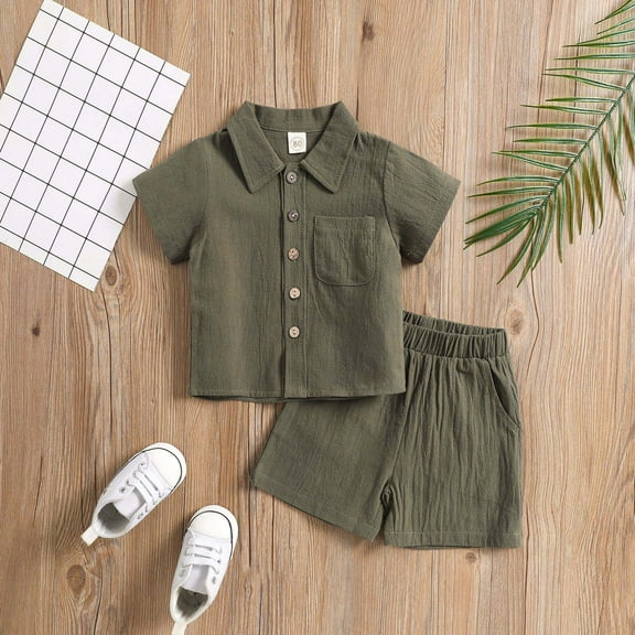 Tfken Outfits Sets For Children Boys Lapel Neck Short Sleeve Solid Color T Shirts Shorts Quick Dry Fashion Clothing Sets Army Green 5 Years-7 Years