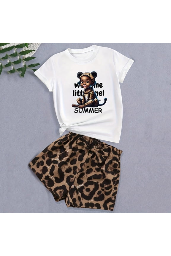 Outfits Sets For Children Girls Crew Neck Short Sleeve Leopard Print T-Shirts Shorts Fashion Cute Outfits Sets White Size 5-6 Years