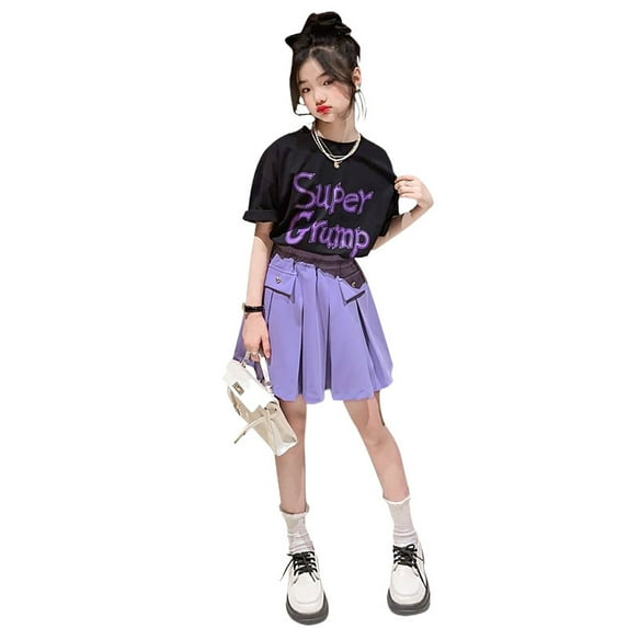 Tfken Outfits Sets For Children Girls Crew Neck Short Sleeve Letter Print Tops Mini Skirt Comfortable Loose Outfits Sets Purple Size 4-5 Years