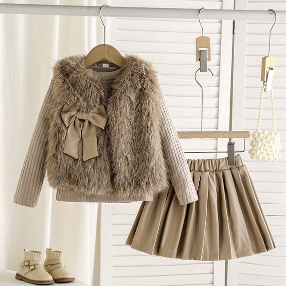 Tfken Outfits Sets For Children Girls Elegant Solid Color Crew Neck Tops Skirts Long Sleeve Khaki Clothing Sets Size 3-4 Years