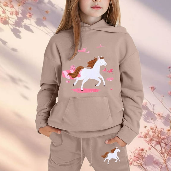 Tfken Outfits Sets For Children Girls Size 4-5 Years Long Sleeve Cartoon Print Hoodies Sweatpants Outdoor Khaki Clothing Sets