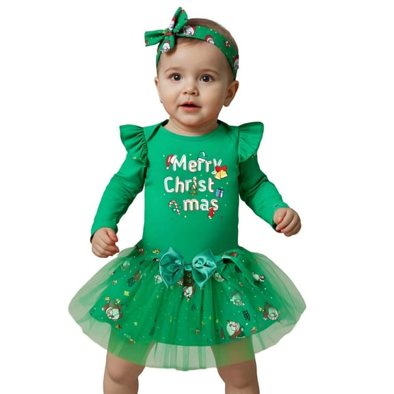 Tfken Outfits Sets For Girls Fall Christmas Long Sleeve Romper Dress Flutter Letter Print Crew Neck Light Green Clothing Sets Size 3-6 Months