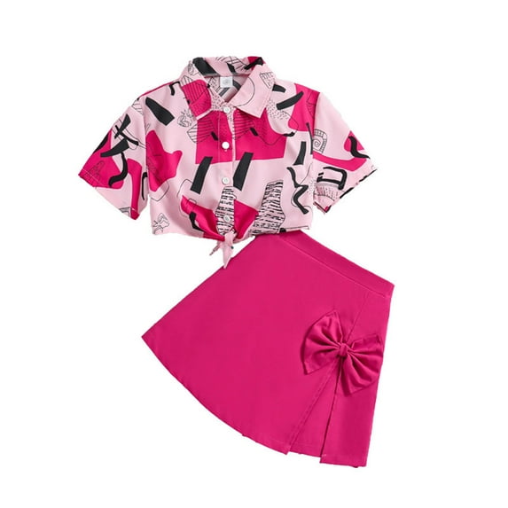 Tfken Outfits Sets For Girls Kids Lapel Neck Short Sleeve Printed Tops Bow Culotte 2 Piece Summer Fashion Outfit Set Red Size 10-11 Years