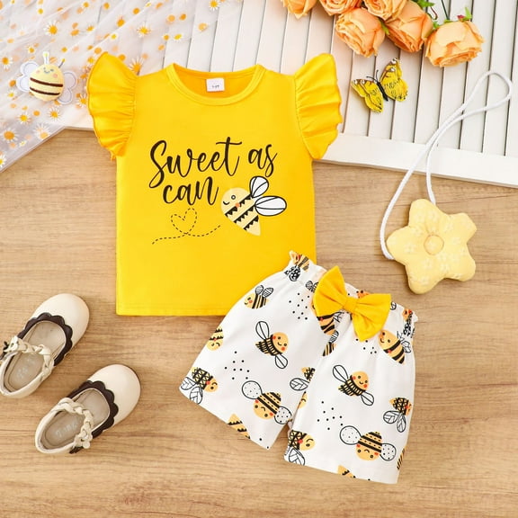 Tfken Outfits Sets For Teen Girls Crew Neck Short Sleeve Bee Print T-Shirts Shorts Soft Clothing Sets Yellow Size 4-5 Years