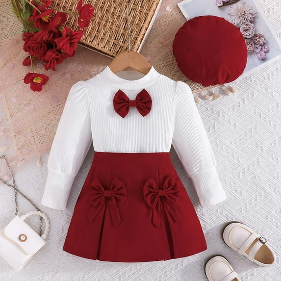 Tfken Outfits Sets For Teen Girls Daily Wear Solid Color Sweater Skirt Bow Long Sleeve Wine Clothing Sets Size 3-4 Years