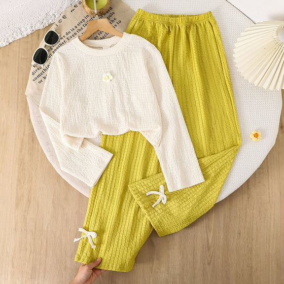 Tfken Outfits Sets For Teen Girls Daily Wear Solid Color Tops Pants Long Sleeve White Clothing Sets Size 7-8 Years