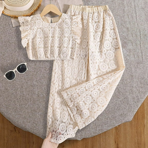 Tfken Outfits Sets For Teen Girls Flutter Sleeve Solid Color White Tops Pants Summer Trendy Crew Neck Clothing Sets Size 8-9 Years