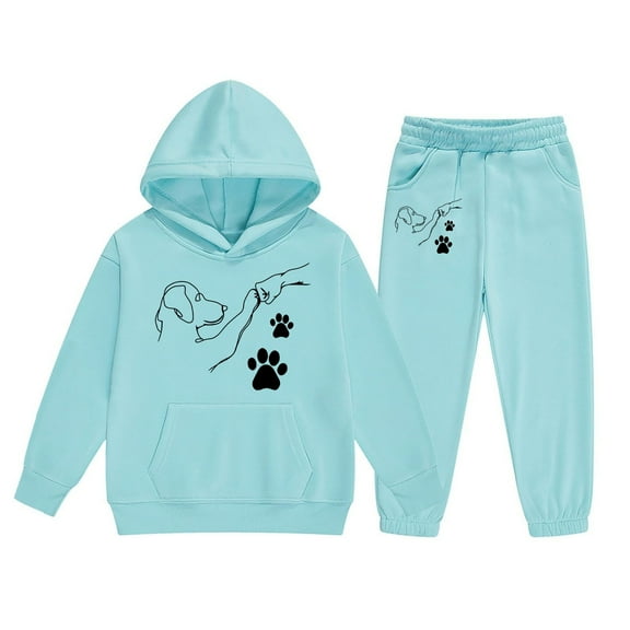 Tfken Outfits Sets For Teen Girls Hooded Long Sleeve Dog Print Sweatshirt Pant Athleisure Fashion Outfit Set Sky Blue Size 10-11 Years
