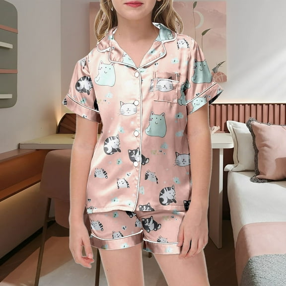 Tfken Pajama Sets For Girls Kids Cat Print Short Sleeve Fashion 2Pc Buttery-Soft Pink Outfits Size 10 Years-11 Years