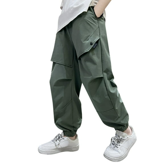 Tfken Pants For Boys Kids Solid Color Cargo Jogger Casual Daily Wear Army Green Trousers Size 11-12 Years