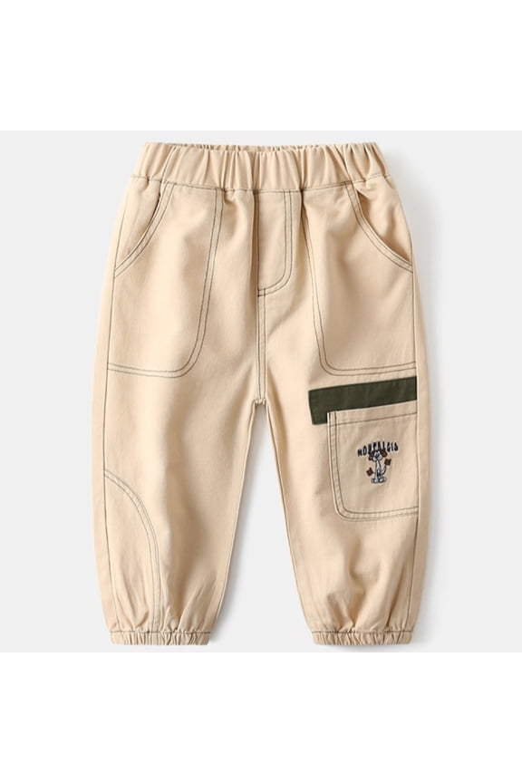 Pants For Boys Toddler Size 3-4 Years Cartoon Print Elastic Waist Full-Length Fashion 2025 Pocket Trousers Beige