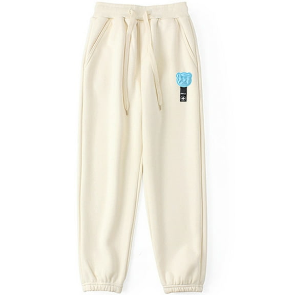 Tfken Pants For Girls Children Size 8-9 Years Slim Straight Joggers Fleece Warm Drawstring Waist Cartoon Print Beige Trousers