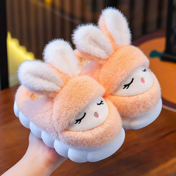 Tfken Rabbit Print Slip-On Flock Cozy Toddler Teen Girls Slippers Cushy Orange House Shoes Size 11-11.5 Years