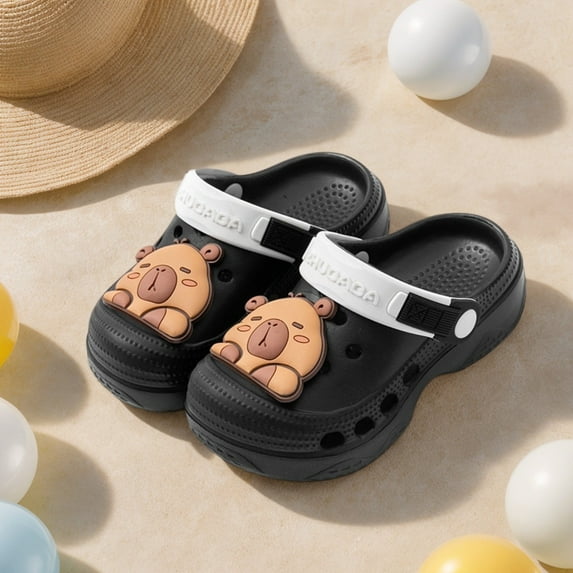 Tfken Sandals For Boys Girls Size 3-4 Years Eva Swivel Ankle Strap Breathable Children Toddler Slippers Quick Dry Cartoon Print Black