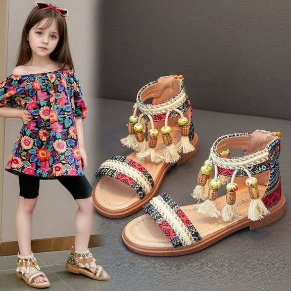 Tfken Sandals For Girls Kids Size 9 Adjustable Ankle Strap Print Fashion Comfortable Black Sandal