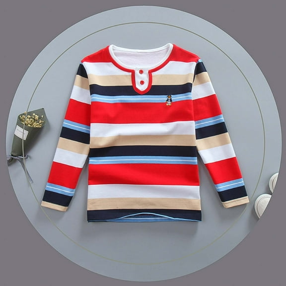 Tfken Shirts Child Little Boys Size 5-6 Years Striped Print Long Sleeve Fashion Tops School Uniform Red Tee