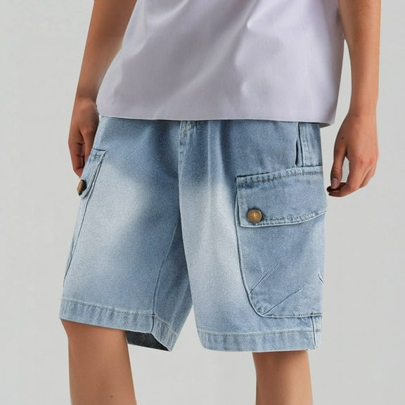 Tfken Shorts For Boys Children Size 8-10 Years Jeans Elastic Waist Solid Color Fashion Comfortable Blue Half Pant