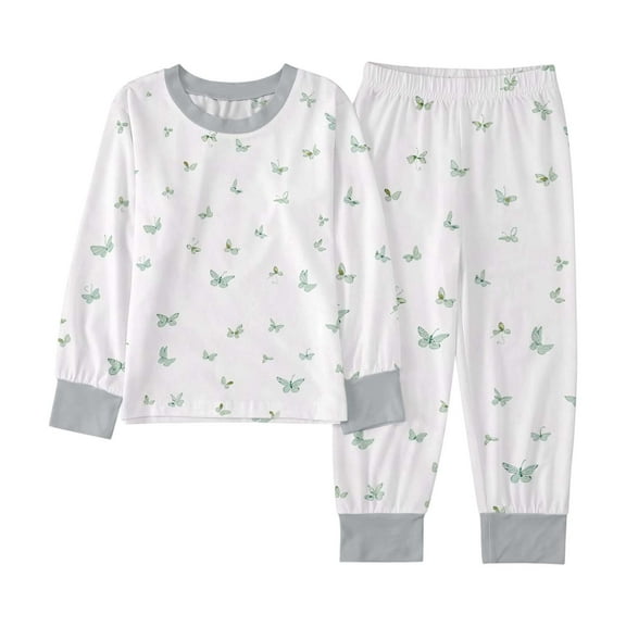 Tfken Sleepwear For Boys Size 9 -10 Years Crew Neck Long Sleeve Sweatshirt Pants Daily Wear Butterfly Print Soft White Pajama Set