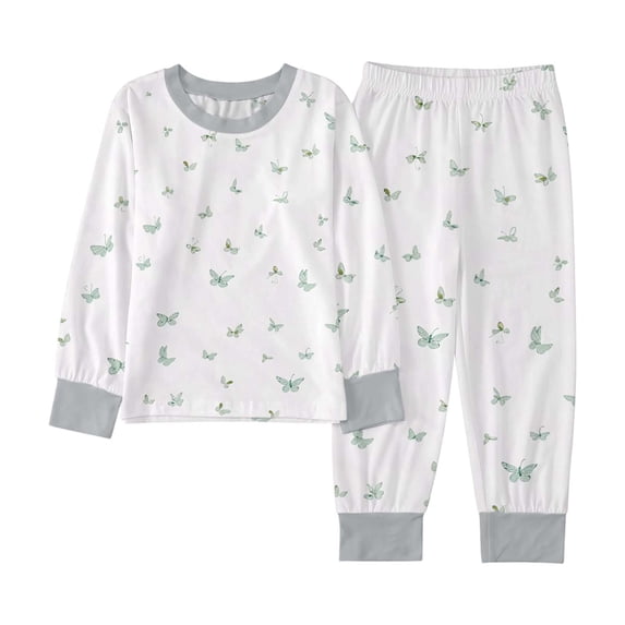 Tfken Sleepwear For Boys Size 9 -10 Years Crew Neck Long Sleeve Sweatshirt Pants Daily Wear Butterfly Print Soft White Pajama Set