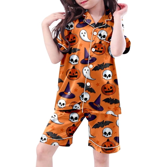 Tfken Sleepwear For Girls Kids Size 3 Years-4 Years Halloween Party Cartoon Print Short Sleeve Full-Length 3Pc Trendy Orange Outfits