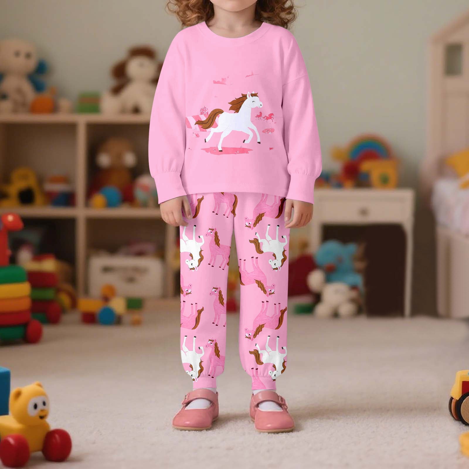 Tfken Sleepwear Set For Girls Kids Crew Neck Long Sleeve Cartoon