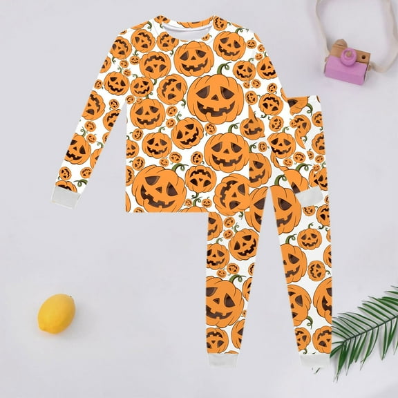 Tfken Sleepwear Set For Girls Kids Crew Neck Long Sleeve Funny Pumpkin Print 2Pc Halloween Party Daily Wear Outfits Size 5 Years-6 Years Orange