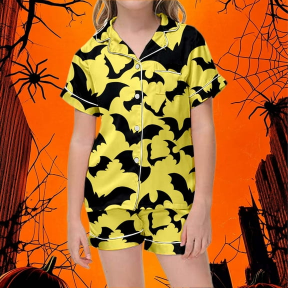 Tfken Sleepwear Set For Girls Kids Short Sleeve Bat Print Halloween Gifts Short 2Pc Trendy Yellow Outfits Size 2 Years-3 Years