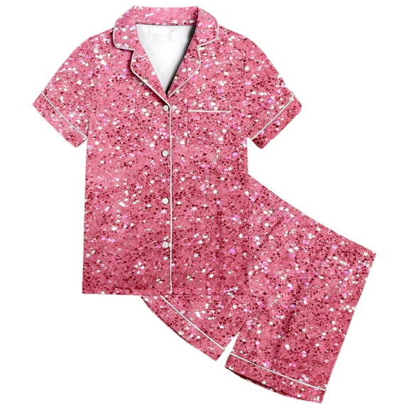 Tfken Sleepwear Set For Girls Kids Short Sleeve Sequins Print Easy Wash Short 2Pc Buttery-Soft Pink Pajama Sets Size 10 Years-11 Years