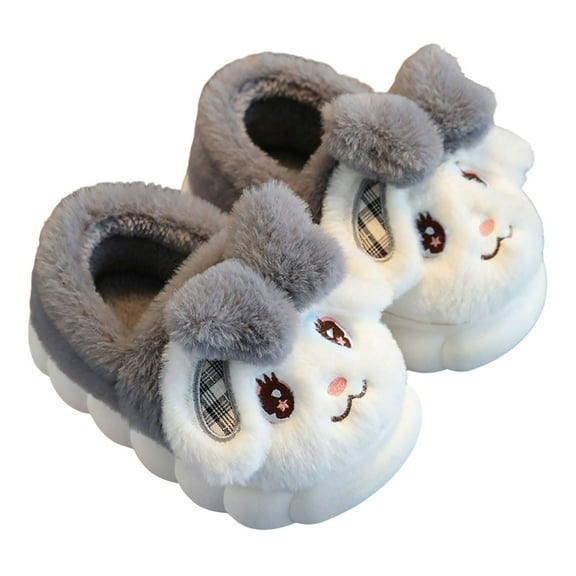 Tfken Slippers For Children Baby Pvc Slip-On Closed Toe Flatform Rabbit Print Fleece Warm Cozy Unisex Boys Girls Slipper Grey Size 8-9 Years