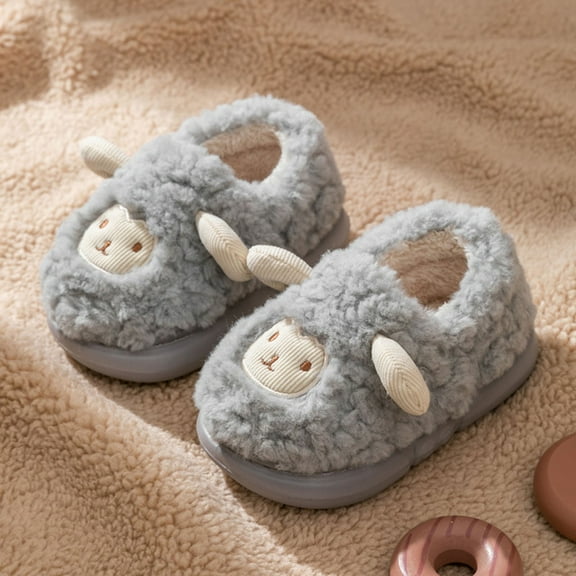 Tfken Slippers For Girls Baby Cartoon Print Closed Heel Fuzzy Plush Soft Size 7-8 Years Grey House Shoes