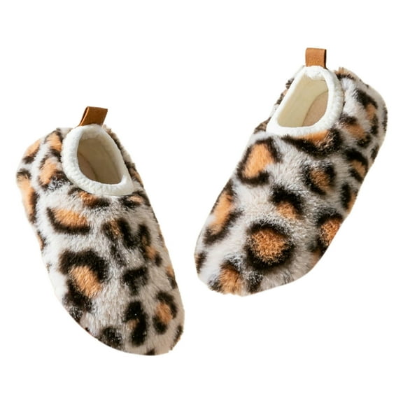 Tfken Slippers For Girls Boys Closed Toe Flatform Leopard Print Fleece House Fashion Slippers Beige Size 2-3 Years