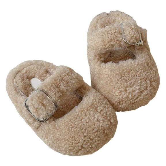 Tfken Slippers For Girls Boys Closed Toe Flatform Solid Color Fleece Home Warm Slippers Beige Size 3-4 Years