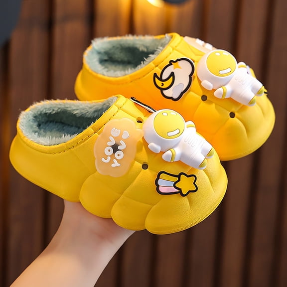 Tfken Slippers For Girls Child Cartoon Print Open Heel Fuzzy Plush Lining Comfortable Size 9.5-10 Years Yellow Sandal