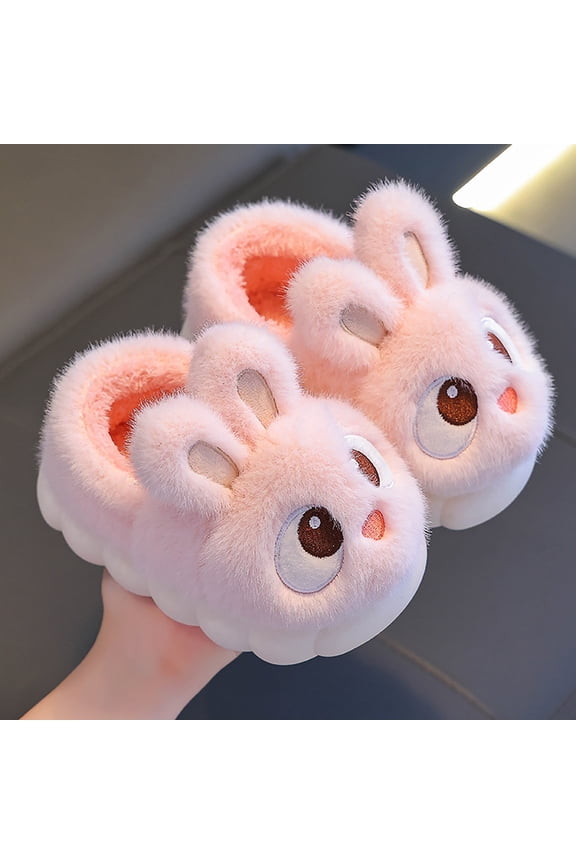 Slippers For Girls Kids Cozy Fuzzy Plush Closed Heel Indoor Rabbit Print Light Pink Sandal Size 5-6 Years