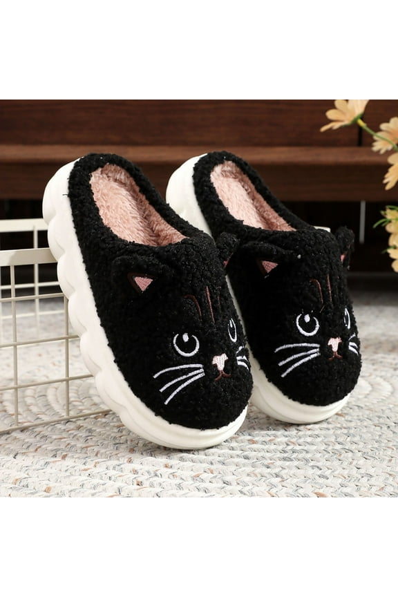 Slippers For Girls Kids Size 6-7 Years Open Heel Cat Print Fuzzy Plush Fashion Cushy Black Sandal