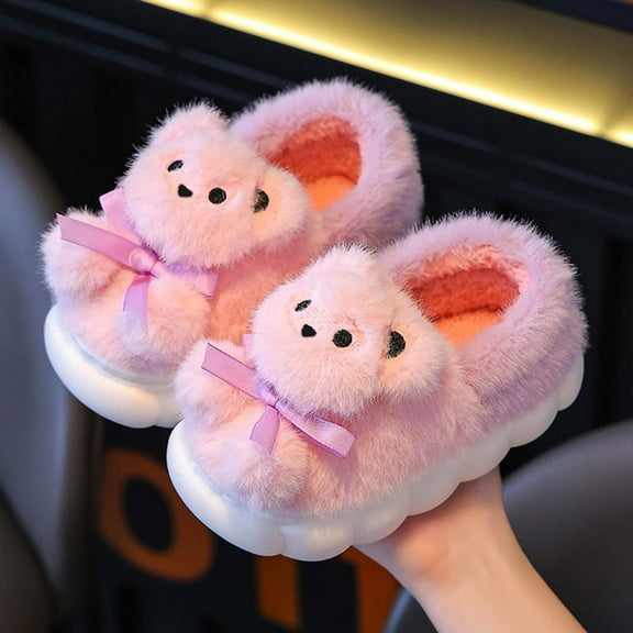 Tfken Slippers For Girls Teen Cartoon Print Closed Heel Fuzzy Plush Cushy Thick House Shoes Pink Size 6.5-7 Years