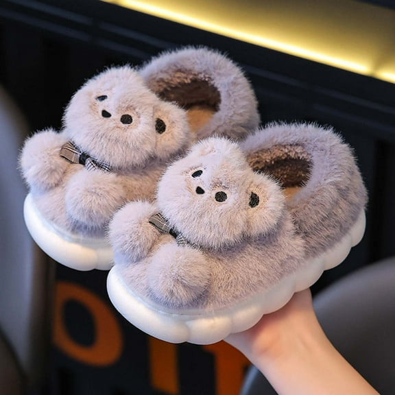 Tfken Slippers For Girls Teen Cozy Fuzzy Plush Closed Heel Cartoon Print Warm Grey House Shoes Size 5-5.5 Years